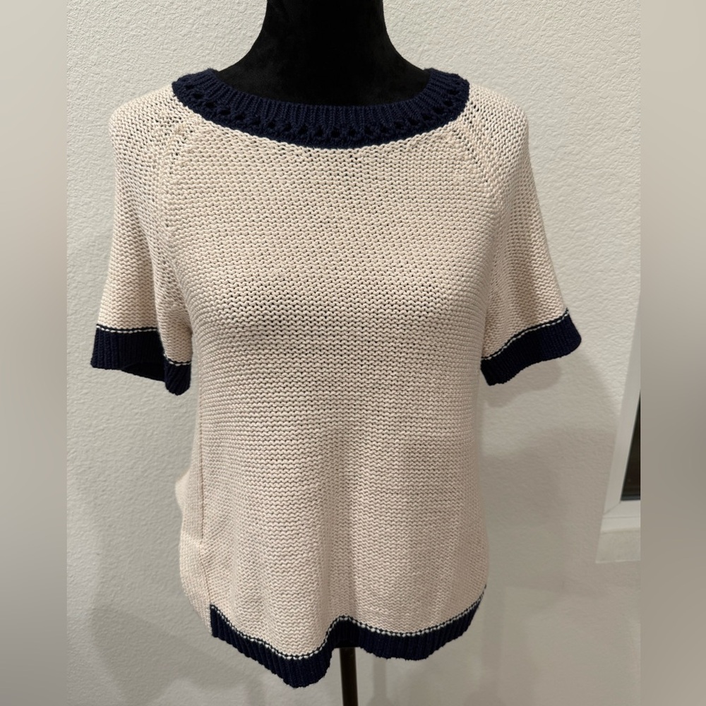 Anthropologie Navy & Cream Short Sleeve Knit Sweater Top Size S